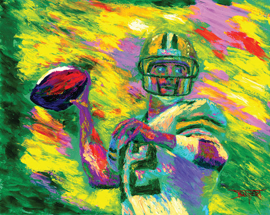 A painting of Green Bay Packers football player Aaron Rodgers, painted in the iconic yellow and green of the team and primed to throw a football. 