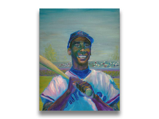 A painting of Ernie "Mr. Sunshine" Banks of the Chicago Cubs, smiling with a baseball bat over his shoulder. Printed on canvas.