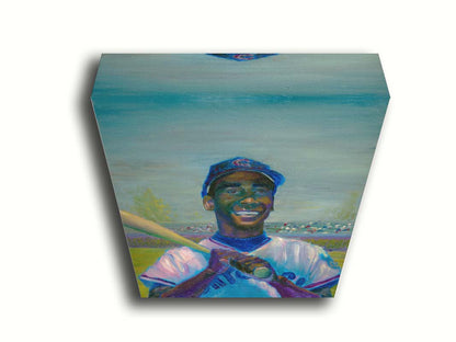 A painting of Ernie "Mr. Sunshine" Banks of the Chicago Cubs, smiling with a baseball bat over his shoulder. Printed on canvas.