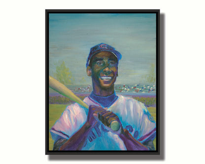 A painting of Ernie "Mr. Sunshine" Banks of the Chicago Cubs, smiling with a baseball bat over his shoulder. Printed on canvas in a float frame.