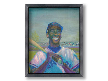 A painting of Ernie "Mr. Sunshine" Banks of the Chicago Cubs, smiling with a baseball bat over his shoulder. Printed on canvas and framed.