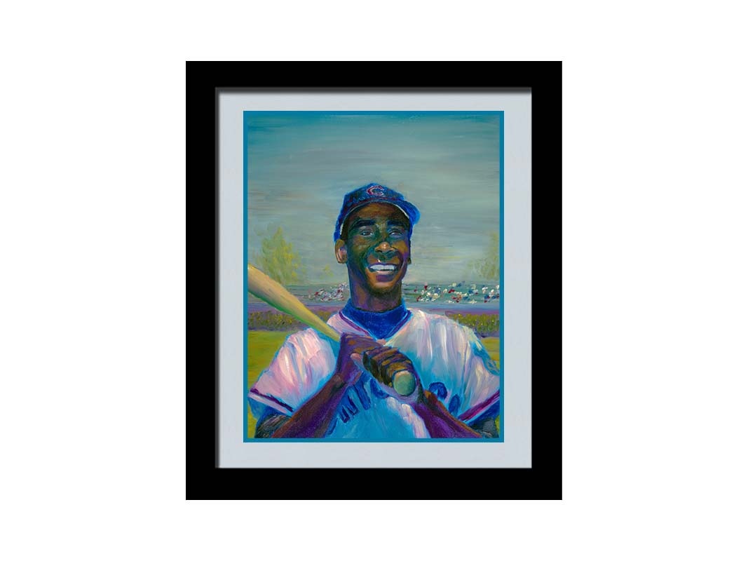 A painting of Ernie "Mr. Sunshine" Banks of the Chicago Cubs, smiling with a baseball bat over his shoulder. Printed on paper, matted, and framed.