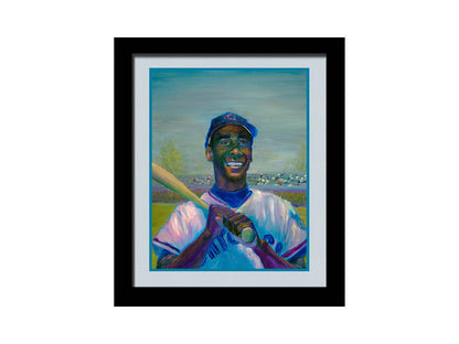 A painting of Ernie "Mr. Sunshine" Banks of the Chicago Cubs, smiling with a baseball bat over his shoulder. Printed on paper, matted, and framed.