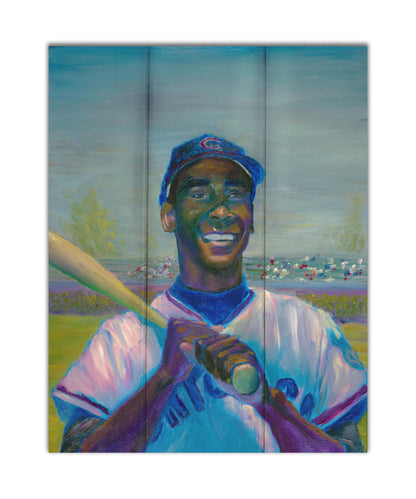 A painting of Ernie "Mr. Sunshine" Banks of the Chicago Cubs, smiling with a baseball bat over his shoulder. Printed on a box board.