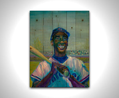 A painting of Ernie "Mr. Sunshine" Banks of the Chicago Cubs, smiling with a baseball bat over his shoulder. Printed on a wood pallet.