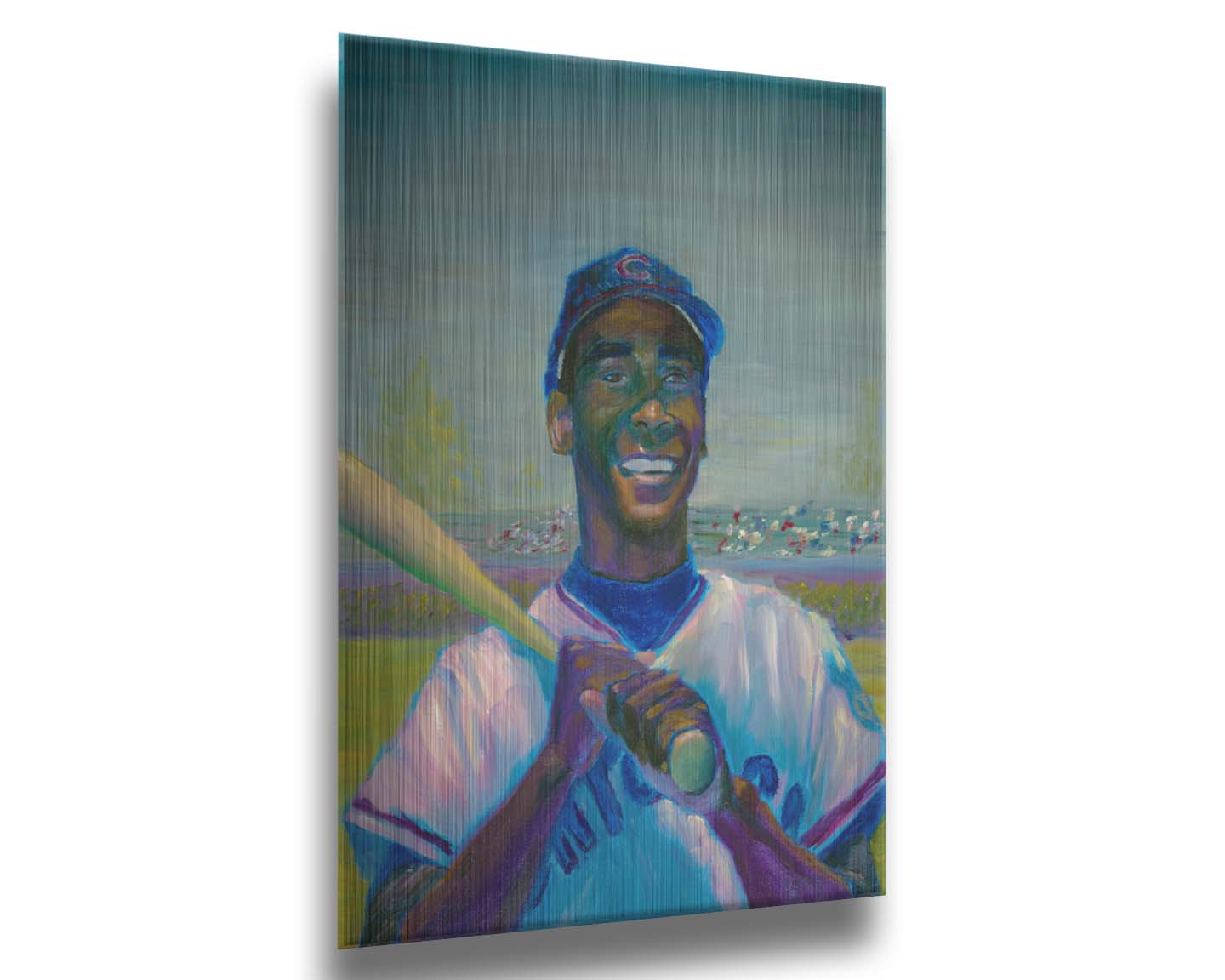 A painting of Ernie "Mr. Sunshine" Banks of the Chicago Cubs, smiling with a baseball bat over his shoulder. Printed on metal.