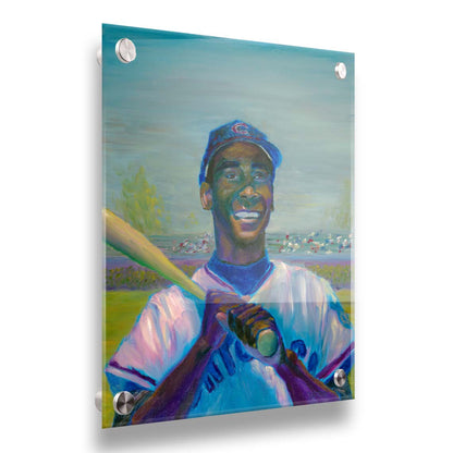 A painting of Ernie "Mr. Sunshine" Banks of the Chicago Cubs, smiling with a baseball bat over his shoulder. Printed on acrylic.