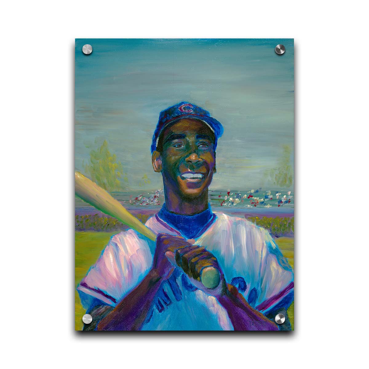 A painting of Ernie "Mr. Sunshine" Banks of the Chicago Cubs, smiling with a baseball bat over his shoulder. Printed on acrylic.