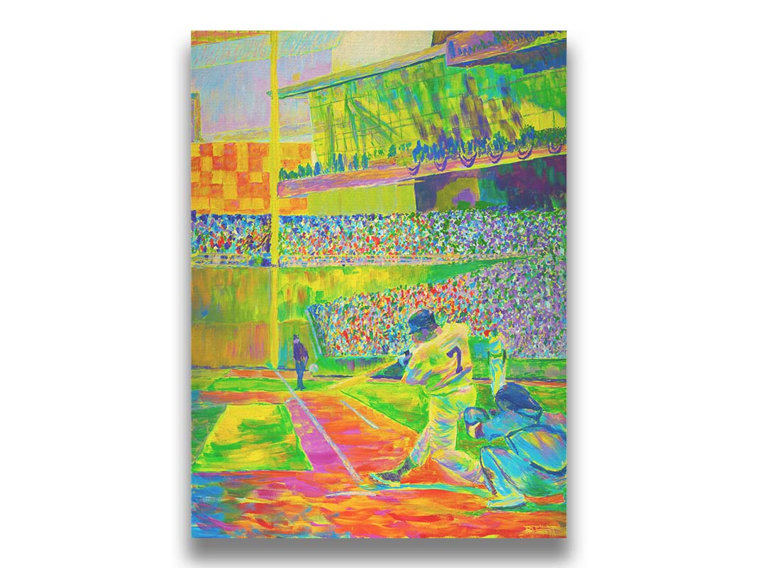 A painting of a baseball player, just as they hit the ball, in front of a stadium full of fans. Painted using a vibrant palette of "neon" colors in yellow, green, and orange colors. Printed on canvas.