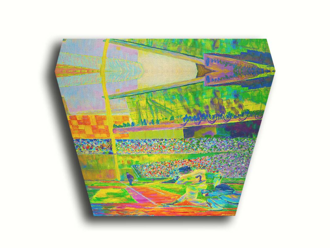 A painting of a baseball player, just as they hit the ball, in front of a stadium full of fans. Painted using a vibrant palette of "neon" colors in yellow, green, and orange colors. Printed on canvas.