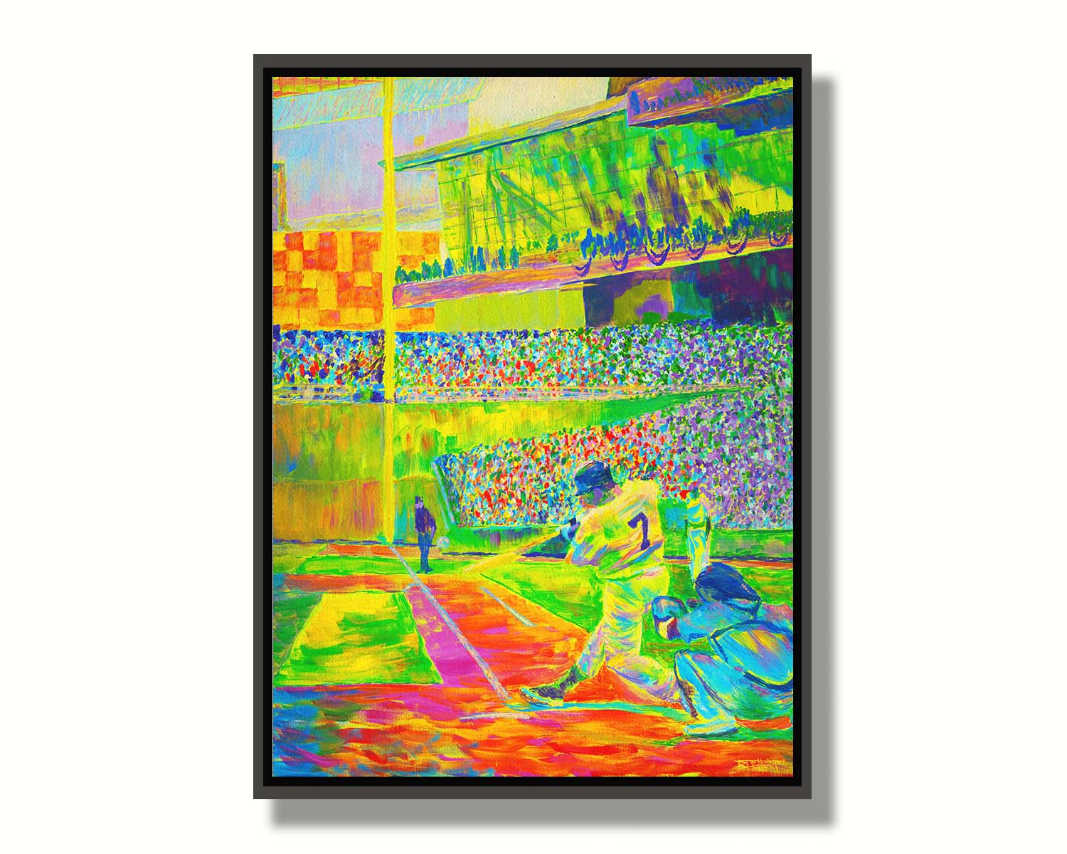 A painting of a baseball player, just as they hit the ball, in front of a stadium full of fans. Painted using a vibrant palette of "neon" colors in yellow, green, and orange colors. Printed on canvas in a float frame.