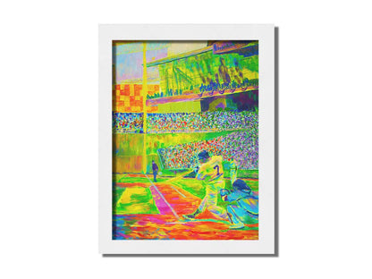 A painting of a baseball player, just as they hit the ball, in front of a stadium full of fans. Painted using a vibrant palette of "neon" colors in yellow, green, and orange colors. Printed on canvas and framed.