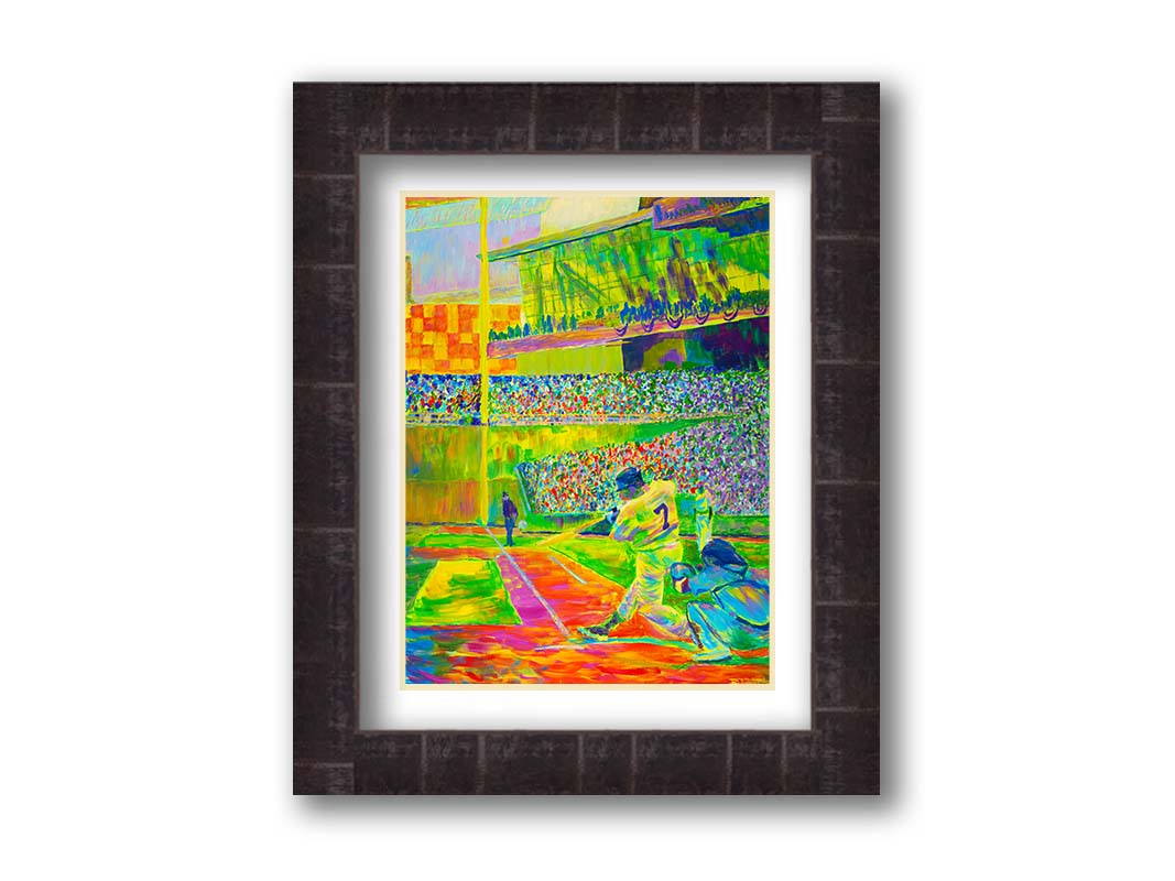 A painting of a baseball player, just as they hit the ball, in front of a stadium full of fans. Painted using a vibrant palette of "neon" colors in yellow, green, and orange colors. Printed on paper, matted, and framed.