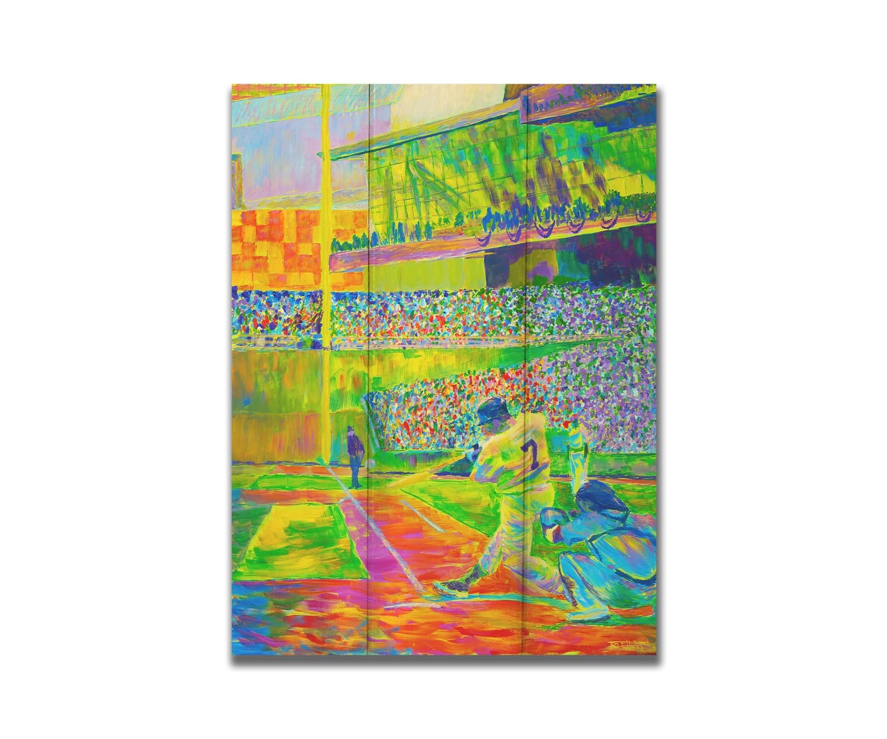 A painting of a baseball player, just as they hit the ball, in front of a stadium full of fans. Painted using a vibrant palette of "neon" colors in yellow, green, and orange colors. Printed on a box board.