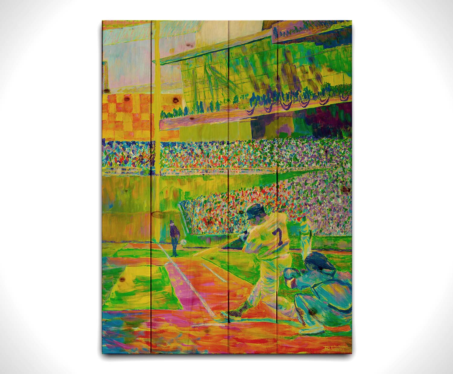 A painting of a baseball player, just as they hit the ball, in front of a stadium full of fans. Painted using a vibrant palette of "neon" colors in yellow, green, and orange colors. Printed on a wood pallet.