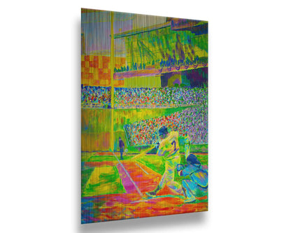 A painting of a baseball player, just as they hit the ball, in front of a stadium full of fans. Painted using a vibrant palette of "neon" colors in yellow, green, and orange colors. Printed on metal.