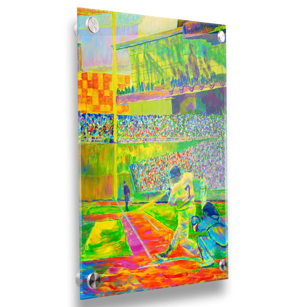 A painting of a baseball player, just as they hit the ball, in front of a stadium full of fans. Painted using a vibrant palette of "neon" colors in yellow, green, and orange colors. Printed on acrylic.