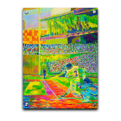 A painting of a baseball player, just as they hit the ball, in front of a stadium full of fans. Painted using a vibrant palette of "neon" colors in yellow, green, and orange colors. Printed on acrylic.