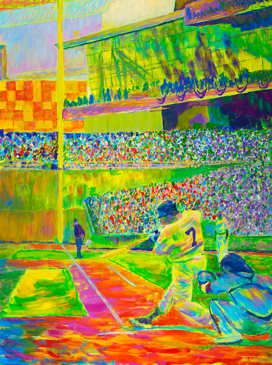 A painting of a baseball player, just as they hit the ball, in front of a stadium full of fans. Painted using a vibrant palette of "neon" colors in yellow, green, and orange colors.