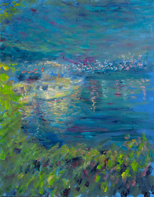 A painting of boats on blue waters at night, the lights from the boats and distance cities reflecting on the water. 