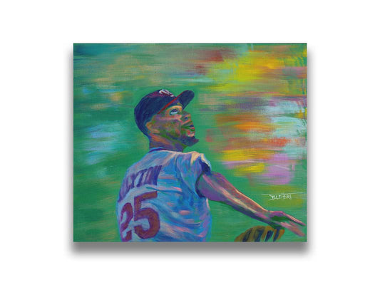 A painting of Minnesota Twins baseball player Byron Keiron Buxton, looking up, prepared to catch a ball. Printed on canvas.