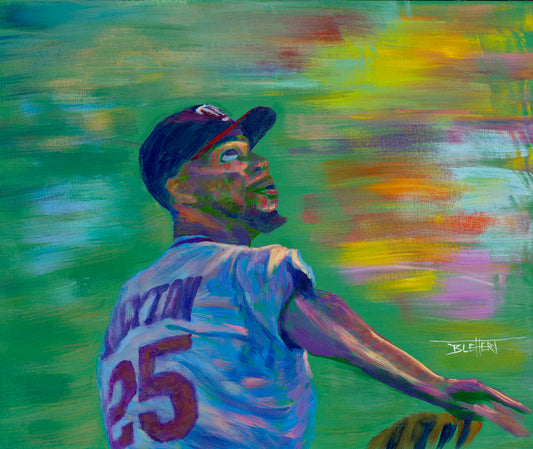 A painting of Minnesota Twins baseball player Byron Keiron Buxton, looking up, prepared to catch a ball.