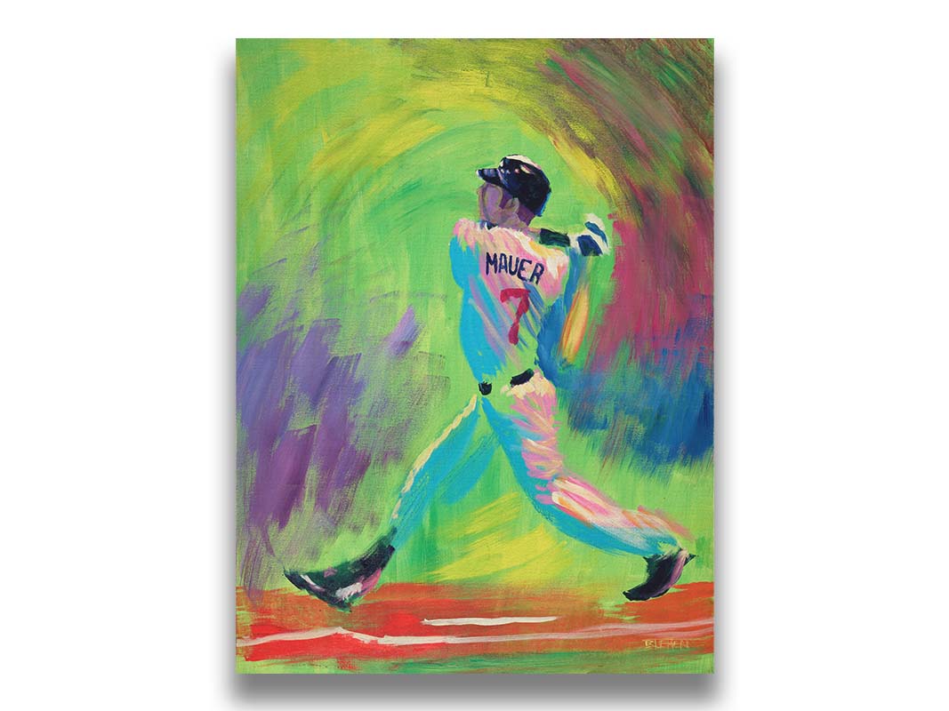 A painting of Minnesota Twins star Joe Mauer, swinging through with his baseball bat with an abstract green and purple background that emphasizes his movement. Printed on canvas.