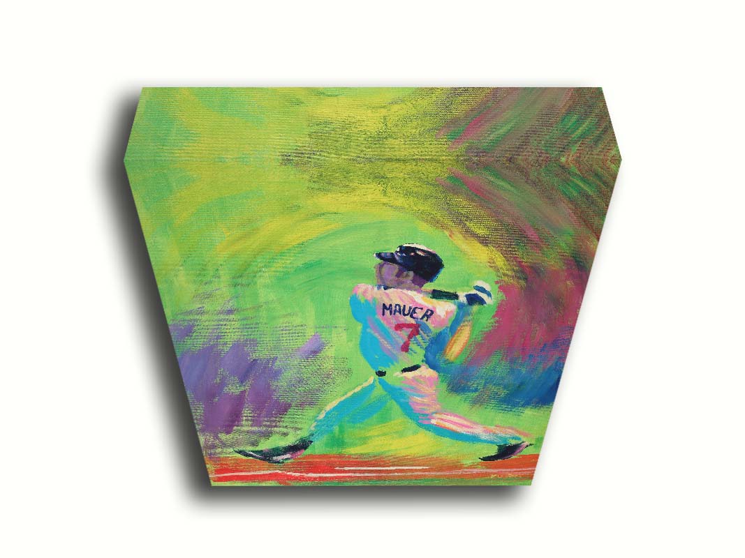 A painting of Minnesota Twins star Joe Mauer, swinging through with his baseball bat with an abstract green and purple background that emphasizes his movement. Printed on canvas.