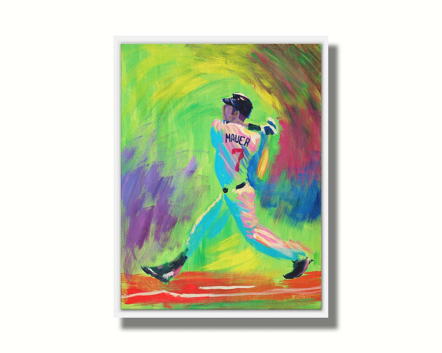 A painting of Minnesota Twins star Joe Mauer, swinging through with his baseball bat with an abstract green and purple background that emphasizes his movement. Printed on canvas in a float frame.