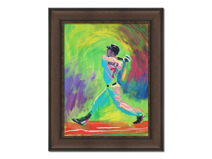 A painting of Minnesota Twins star Joe Mauer, swinging through with his baseball bat with an abstract green and purple background that emphasizes his movement. Printed on canvas and framed.