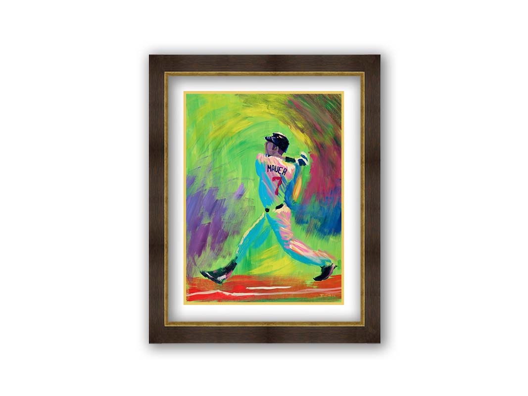 A painting of Minnesota Twins star Joe Mauer, swinging through with his baseball bat with an abstract green and purple background that emphasizes his movement. Printed on paper, matted, and framed.