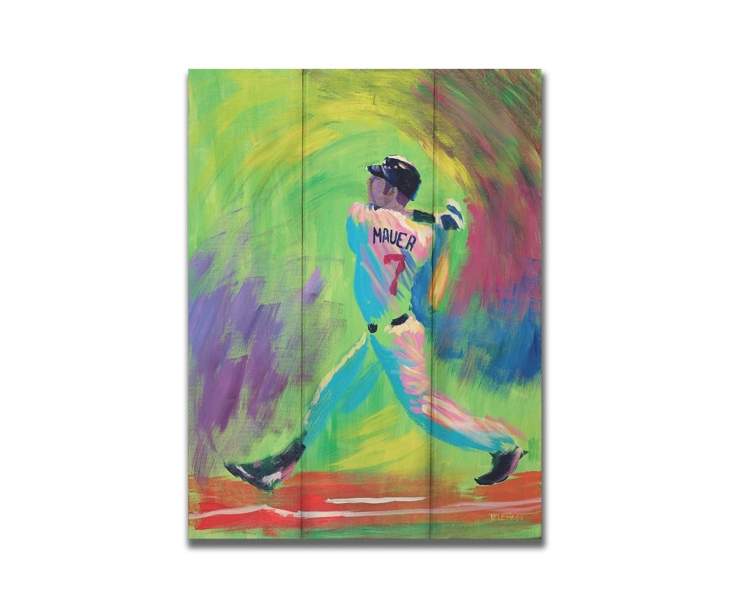 A painting of Minnesota Twins star Joe Mauer, swinging through with his baseball bat with an abstract green and purple background that emphasizes his movement. Printed on a box board.