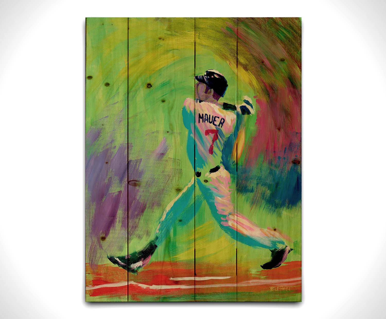 A painting of Minnesota Twins star Joe Mauer, swinging through with his baseball bat with an abstract green and purple background that emphasizes his movement. Printed on a wood pallet.