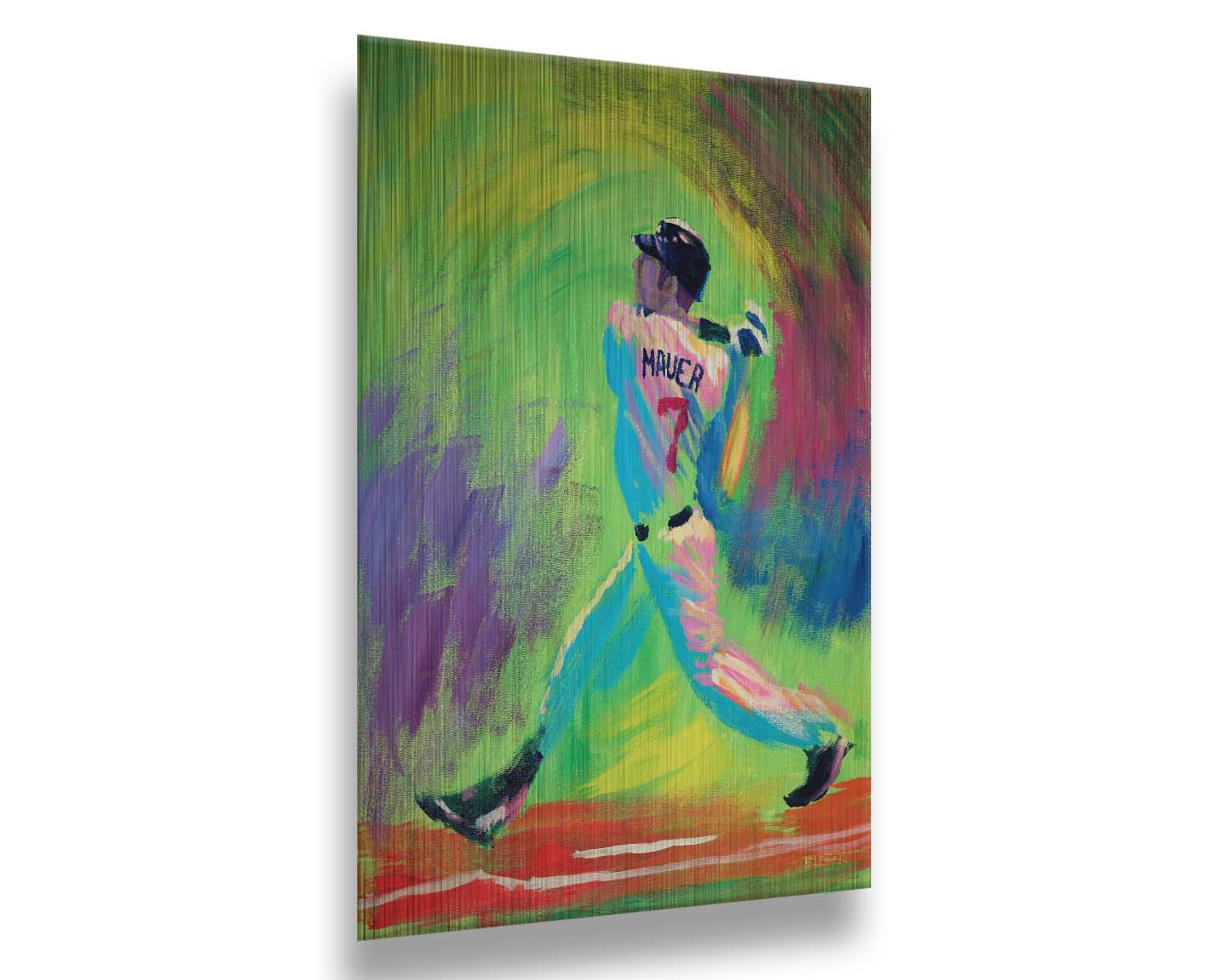 A painting of Minnesota Twins star Joe Mauer, swinging through with his baseball bat with an abstract green and purple background that emphasizes his movement. Printed on metal.