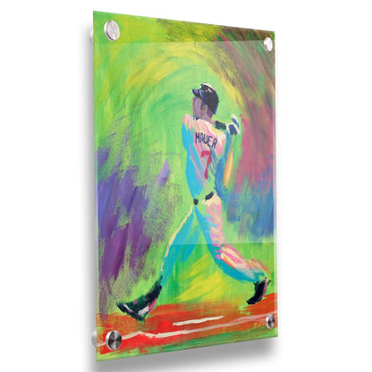 A painting of Minnesota Twins star Joe Mauer, swinging through with his baseball bat with an abstract green and purple background that emphasizes his movement. Printed on acrylic.