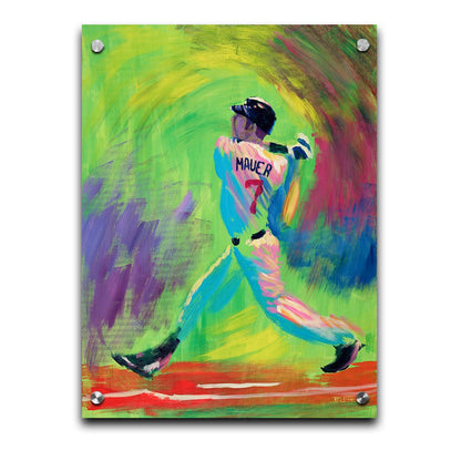 A painting of Minnesota Twins star Joe Mauer, swinging through with his baseball bat with an abstract green and purple background that emphasizes his movement. Printed on acrylic.