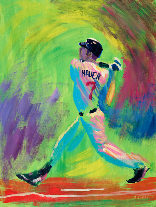 A painting of Minnesota Twins star Joe Mauer, swinging through with his baseball bat with an abstract green and purple background that emphasizes his movement.