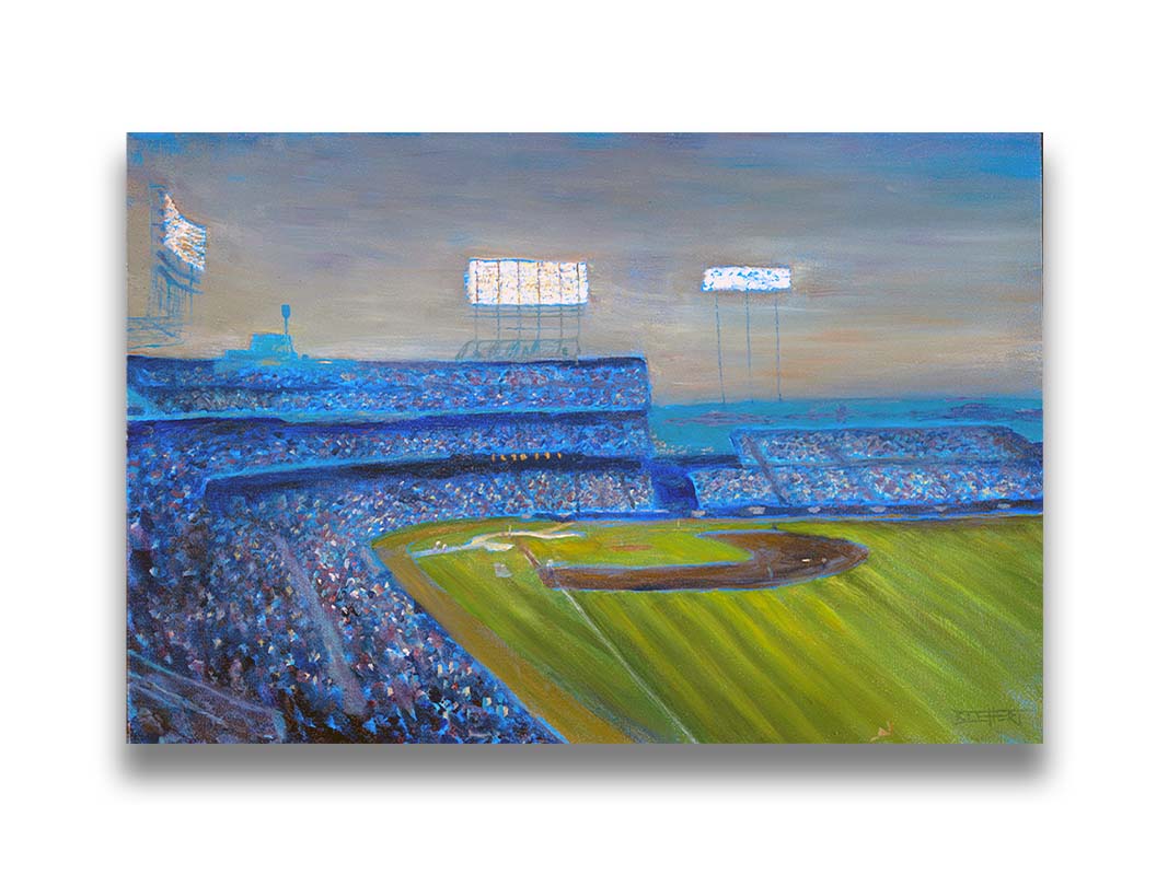 A painting of the Old Met Stadium in Minnesota. The stadium lights are bright as the sun begins to set. Printed on canvas.