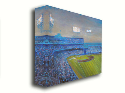 A painting of the Old Met Stadium in Minnesota. The stadium lights are bright as the sun begins to set. Printed on canvas.