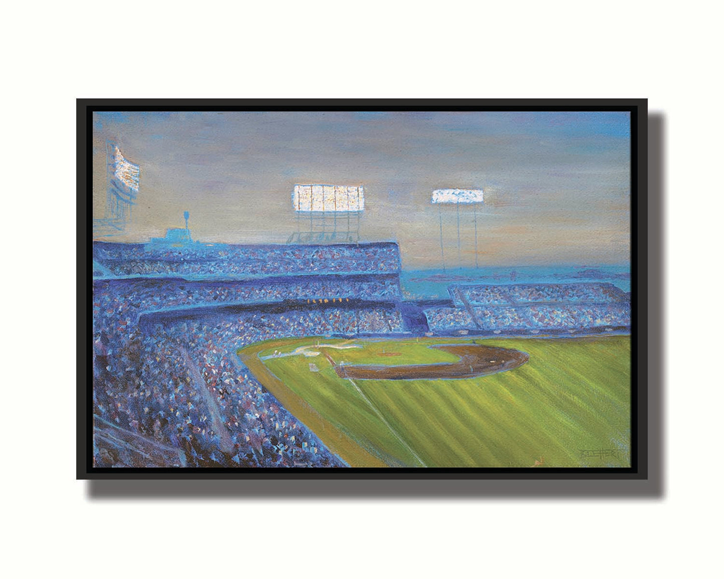 A painting of the Old Met Stadium in Minnesota. The stadium lights are bright as the sun begins to set. Printed on canvas in a float frame.