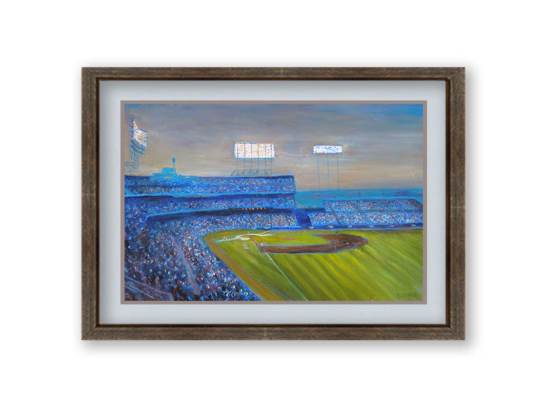 A painting of the Old Met Stadium in Minnesota. The stadium lights are bright as the sun begins to set. Printed on paper, matted, and framed.