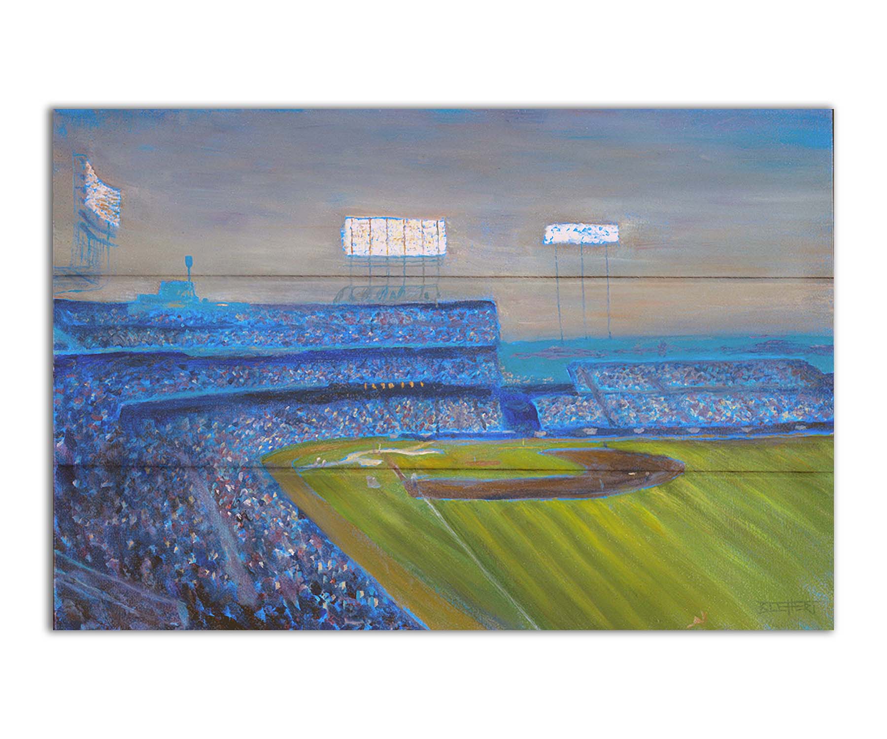 A painting of the Old Met Stadium in Minnesota. The stadium lights are bright as the sun begins to set. Printed on a box board.