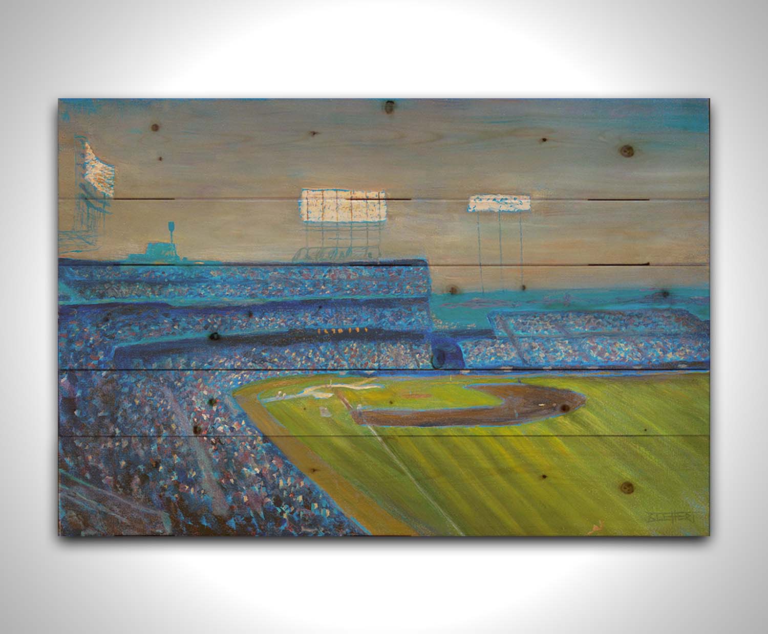 A painting of the Old Met Stadium in Minnesota. The stadium lights are bright as the sun begins to set. Printed on a wood pallet.