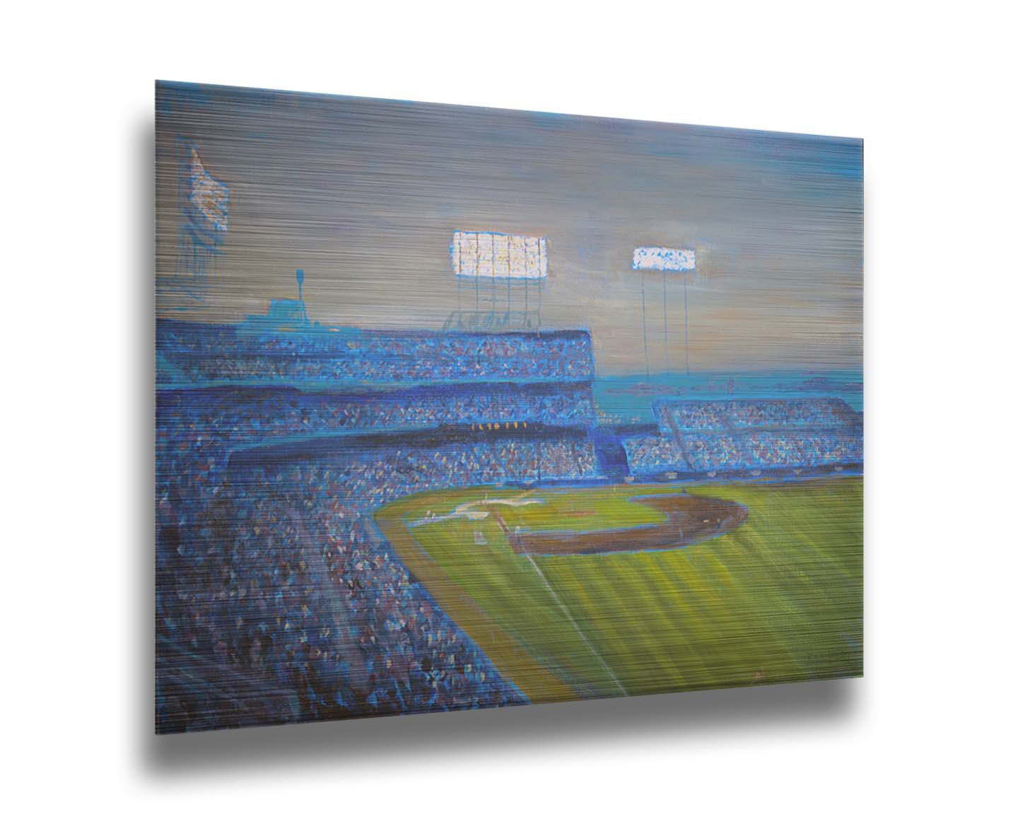 A painting of the Old Met Stadium in Minnesota. The stadium lights are bright as the sun begins to set. Printed on metal.