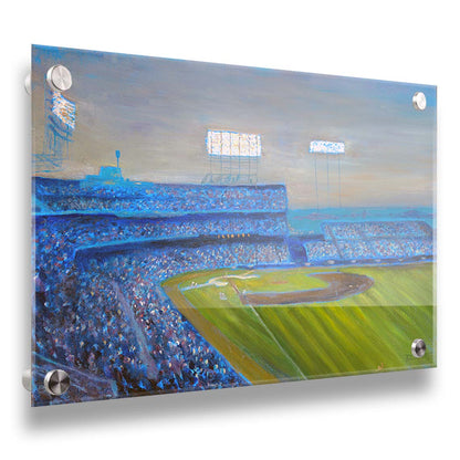 A painting of the Old Met Stadium in Minnesota. The stadium lights are bright as the sun begins to set. Printed on acrylic.