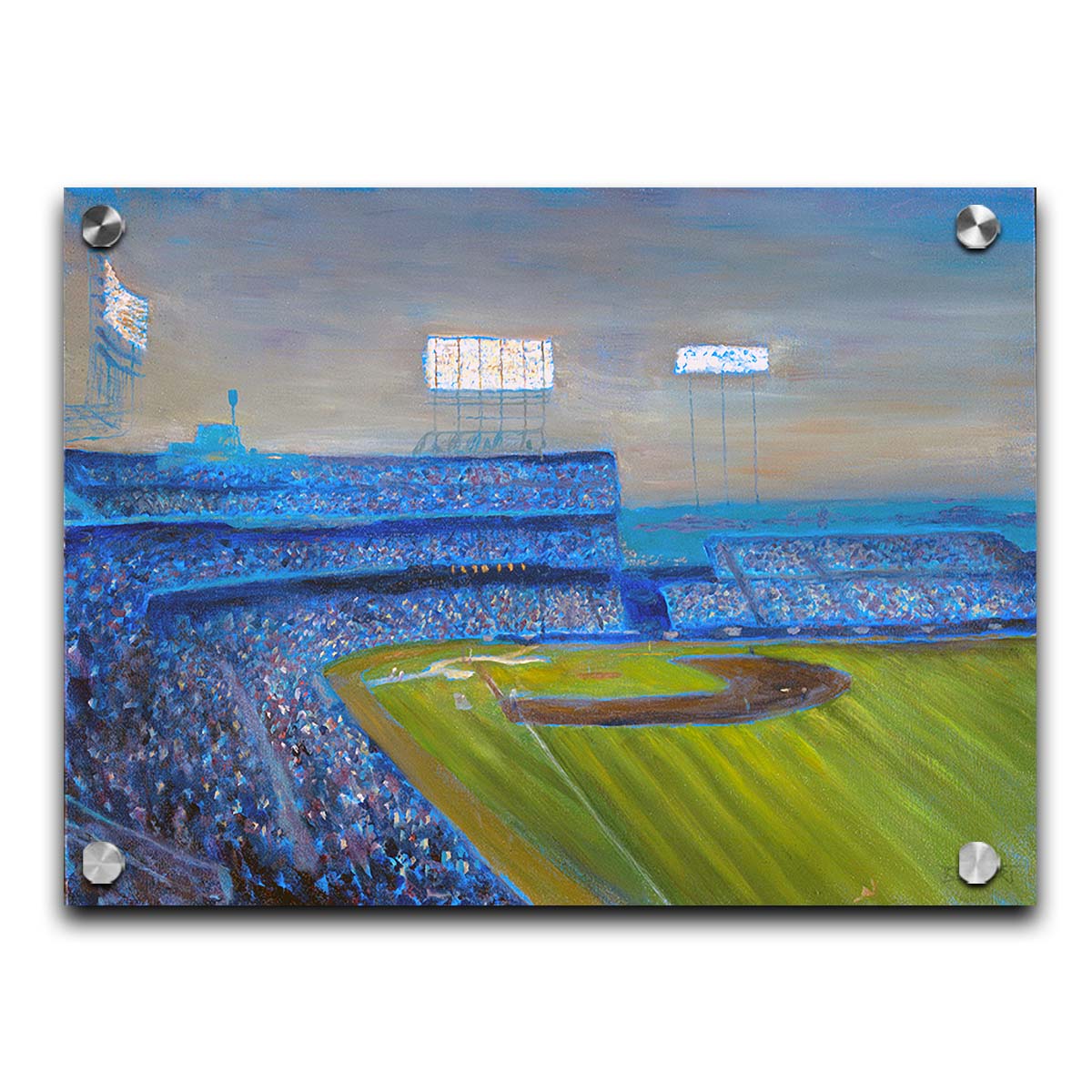 A painting of the Old Met Stadium in Minnesota. The stadium lights are bright as the sun begins to set. Printed on acrylic.