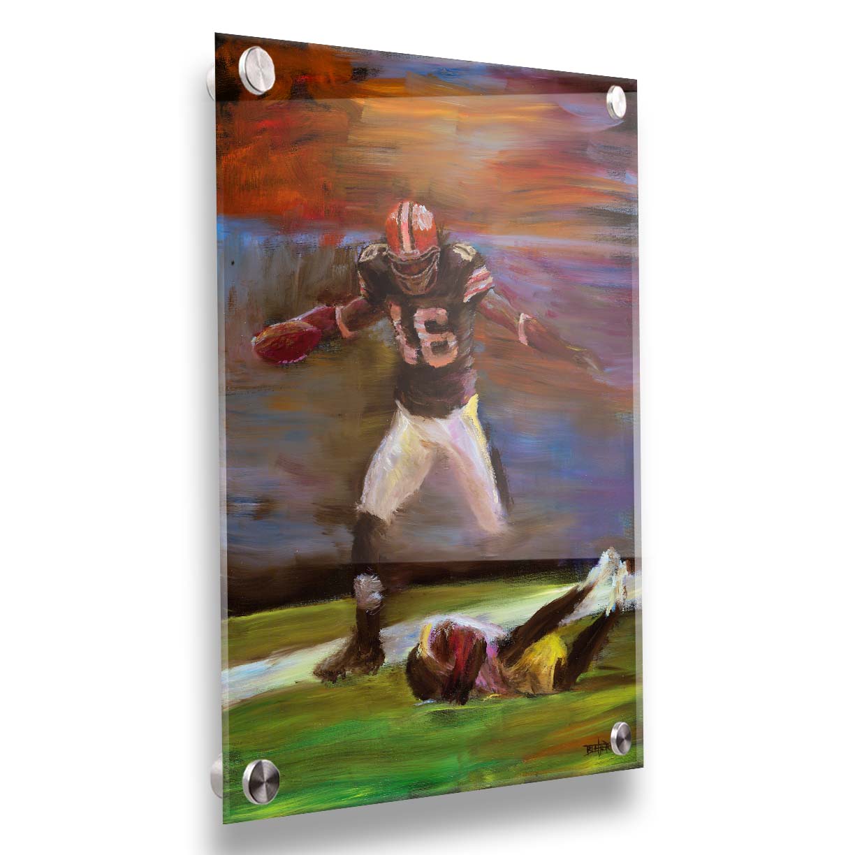 A painting of Cleveland Browns football player Josh Cribbs as he runs with the ball, dodging over another playerr. Printed on acrylic.