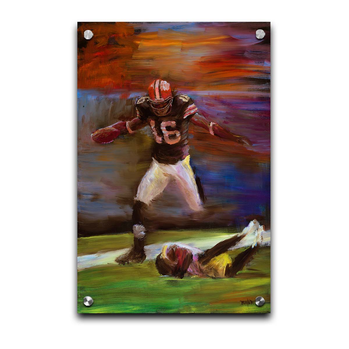 A painting of Cleveland Browns football player Josh Cribbs as he runs with the ball, dodging over another playerr. Printed on acrylic.