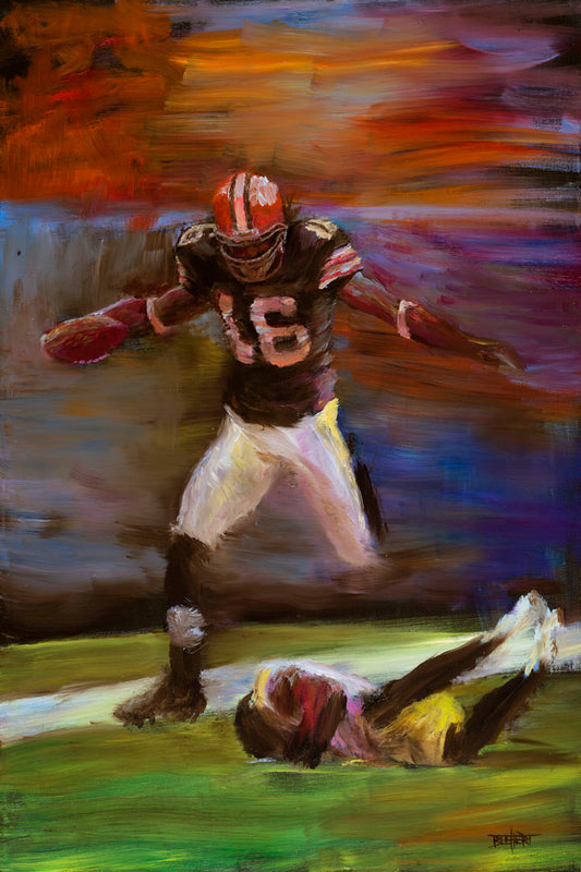 A painting of Cleveland Browns football player Josh Cribbs as he runs with the ball, dodging over another player.