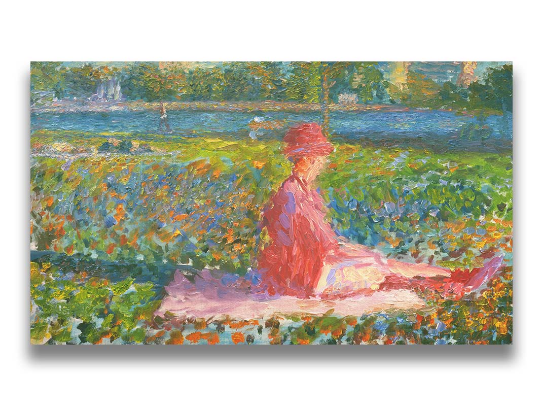 A painting of a lady dressed entirely in pink, sitting on a pink blanket in a city park. A pond can be seen in the background, with people walking along the paths and sitting on the benches. Printed on canvas.